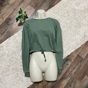 Lucky Brand Small Distressed Green Cropped Drawstring Hem Pullover Sweatshirt